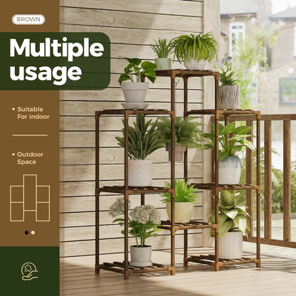 Wood Plant Stand 8 Pots Tiered Plant Shelf Indoor Outdoor Ladder Plant Rack with Hanging Design for Living Room Patio Balcony Garden