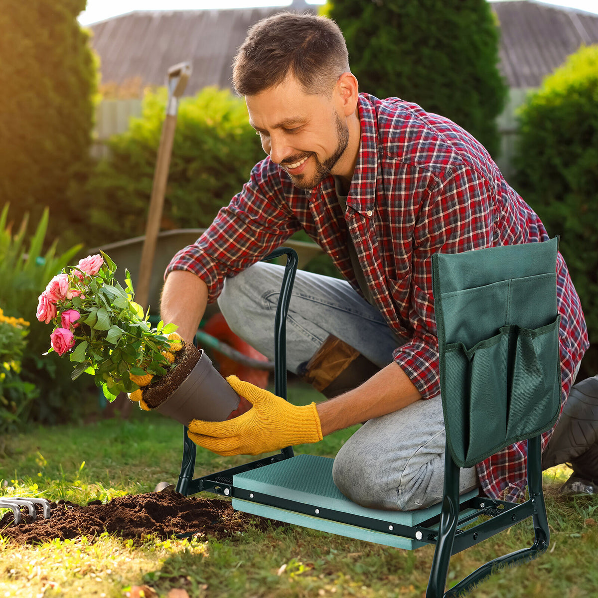 Folding Garden Kneeler Knee Bench Stool Soft Cushion Seat Pad & Tool Pouch